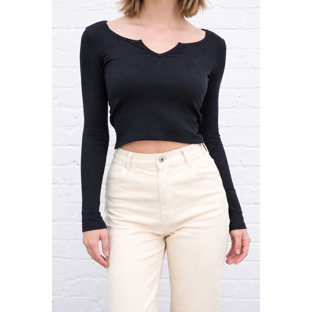 Brandy Melville Richie Ribbed Crop Top Washed Black Dark Navy Long Sleeve Y2K